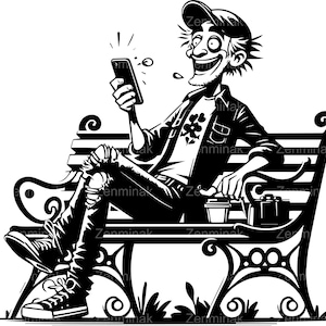 5 SVG Funny Man on Bench SVG Cut File. Cartoon guy in a cap, ripped jeans, laughing at his phone with takeout coffee beside him