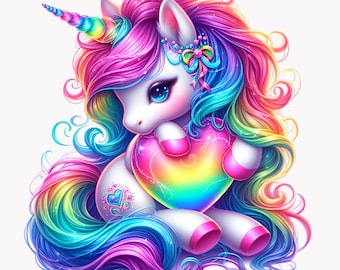 May include: A rainbow unicorn with a pink and blue mane and tail holds a rainbow heart. The unicorn has a sparkly horn and a pink bow on its head.