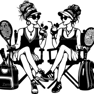 4 SVG Sport Tennis Dames SVG, vrouwen ontspannen met rackets en drankjes in stoelen gesneden bestand voor Cricut Silhouette Crafts