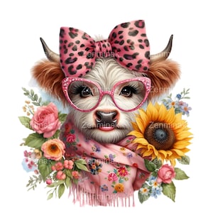 Mucca civettuola con sciarpa floreale e occhiali rosa PNG - 15 graziose mucche artistiche per sublimazione, decorazioni con animali da fattoria