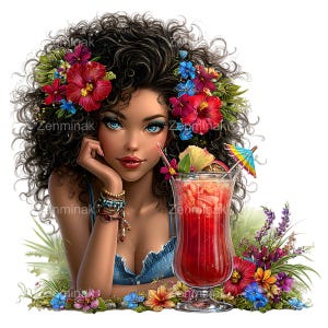 10 PNG Tropical Girl – Exotic Summer PNG Clipart with Cocktail Drink – Beach, Floral Hair Art, Instant Digital Download