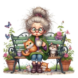 Signora anziana che beve caffè con i gatti 15 PNG Fumetti divertenti Nonna Cartone animato illustrazione clipart