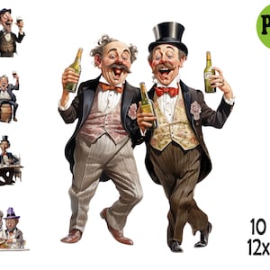 Pacchetto PNG di gentiluomini ubriachi d'epoca - 10 caricature umoristiche di amici che bevono, arte da pub retrò per sublimazione e arredamento
