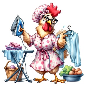 18 divertidos pollos domésticos PNG - Adorable gallina planchando ropa con huevos y canasta - Arte digital caprichoso