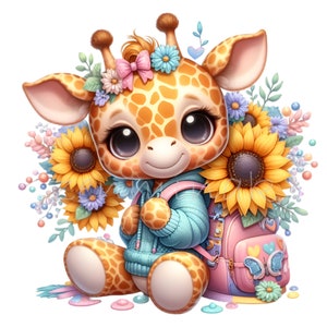 10 PNG Cute Giraffe PNG Clipart – Kawaii Baby Giraffe with Backpack and Sunflowers – Adorable Animal Art for Kids Crafts and Stickers