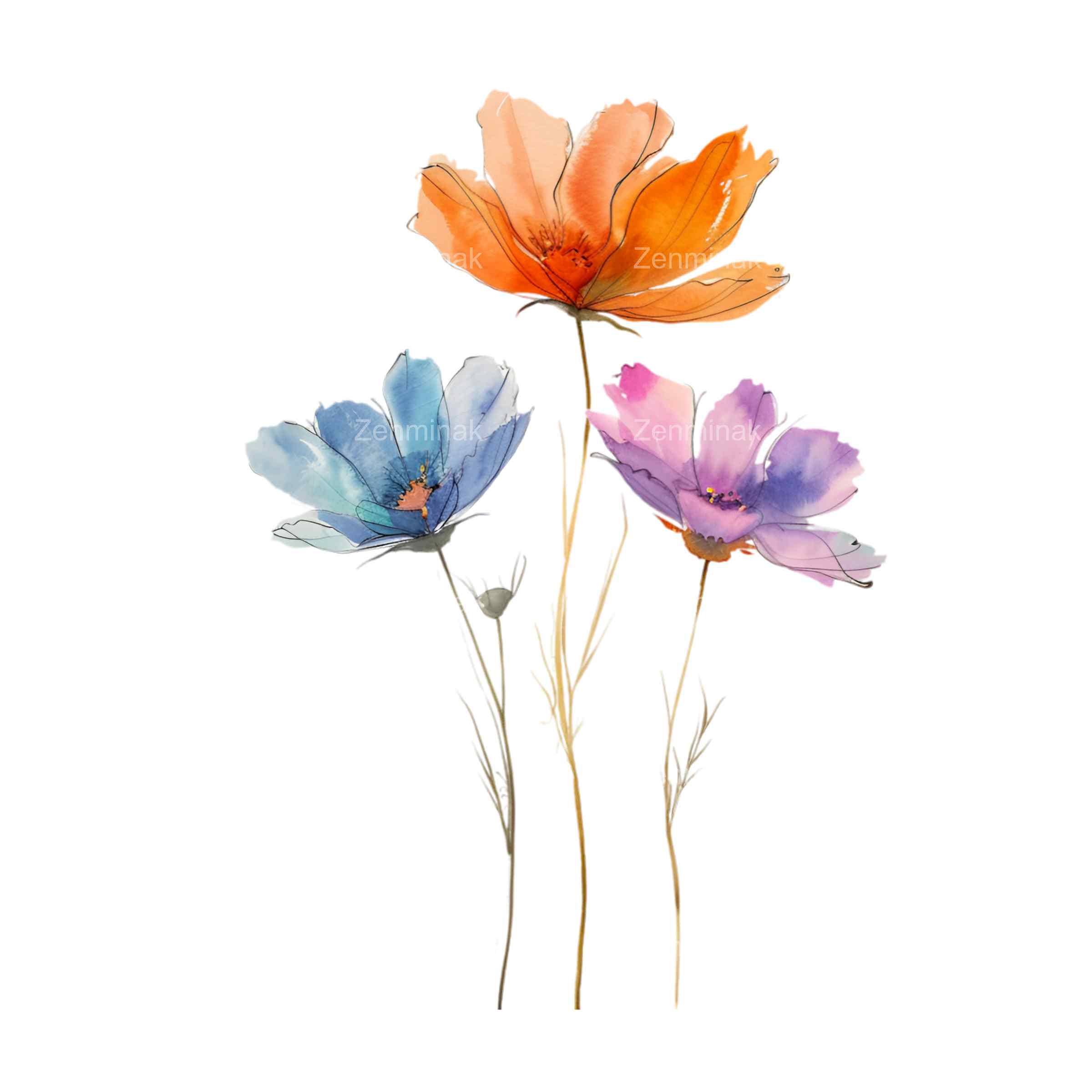 17 水彩画の花のPNGクリップアート – 青、ピンク、オレンジ、紫の色調
