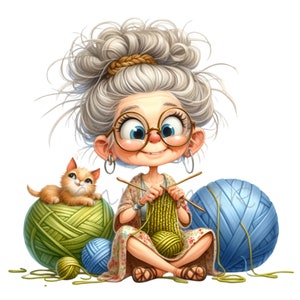 Señora mayor tejiendo 10 PNG cómics divertidos abuela crochet dibujos animados ilustración clipart
