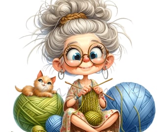 Senior Lady Knitting 10 PNG Funny Comics Grandma Crochet Cartoon illustration clipart