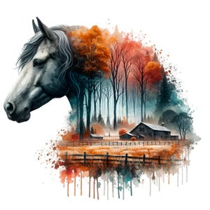 15 cliparts PNG ferme équestre - paysage d'automne rustique avec effet aquarelle - illustration de ferme de campagne pour la décoration