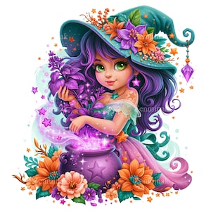 Op de afbeelding: Digitale illustratie van een jonge heks met paars haar en groene ogen, die een turquoise hoed met bloemen draagt. Ze houdt paarse kruiden boven een borrelende ketel, omringd door sterren en oranje bloemen. Het kunstwerk heeft een fantasiethema.