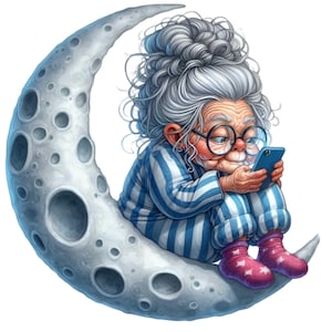 14 PNG Divertente nonna lunare - Clipart PNG notturna - Signora anziana in pigiama a righe che usa il telefono sulla luna per lavoretti umoristici a tema notturno o digitali