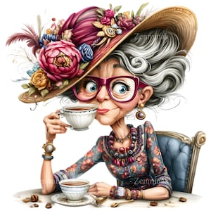 Può includere: Illustrazione di una persona anziana con i capelli grigi, che indossa un grande cappello adornato con fiori e piume e occhiali rosa oversize. La persona è seduta, tiene in mano una tazza da tè, con una seconda tazza e piattino sul tavolo. La persona indossa un vestito a fantasia floreale.