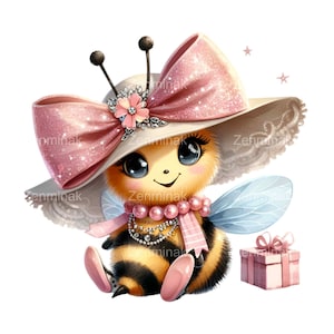 12 süße Biene im rosa Hut PNG Clipart, stilvolle Hummel mit Schleife und Geschenk, Girly Bee Illustration für Kinderdekor
