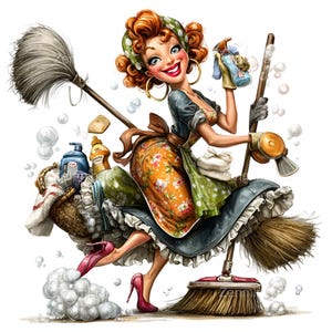 Op de afbeelding: Een cartoon illustratie van een vrouw in een vintage schoonmaakoutfit, met een bezem en een spuitfles. Ze draagt een bloemen schort, een groene polkadot hoofddoek en rode hakken. Een mand met schoonmaakmiddelen staat naast haar.