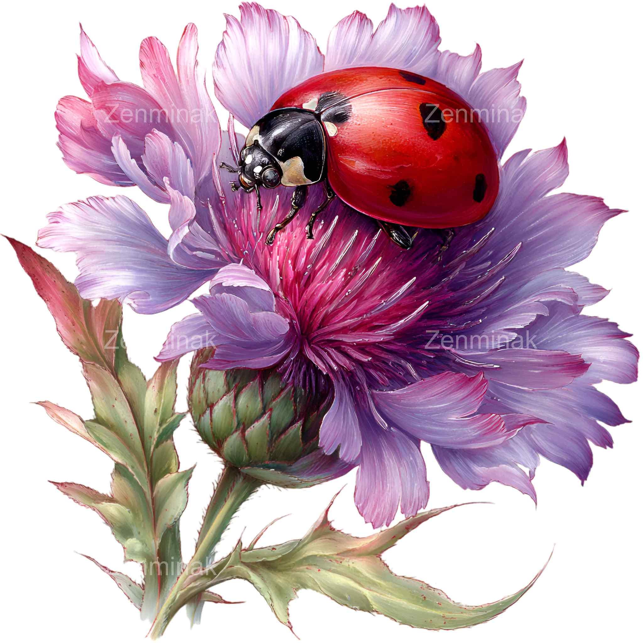 16 PNG Ladybug on Flower Clipart – Realistic Watercolor Insect, Nature ...