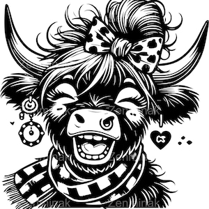8 SVG Funny Highland Cow Girl SVG - Vache qui rit avec noeud et boucles d'oreilles fichier coupé - Clipart animaux de ferme pour créations manuelles humoristiques et autocollants