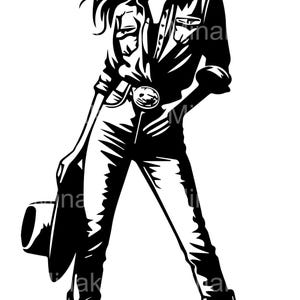 5 archivos SVG de vaquera: Mujer segura de sí misma con sombrero, vaqueros y botas. Silueta femenina del oeste para camisetas, vasos y manualidades.