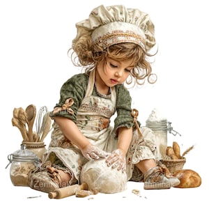 May include: A child baker kneads dough, wearing a chef's hat, apron, and olive green sleeves. Baking tools and ingredients, including a rolling pin, flour, and bread, are arranged around the child. The image has a soft, warm colour palette.