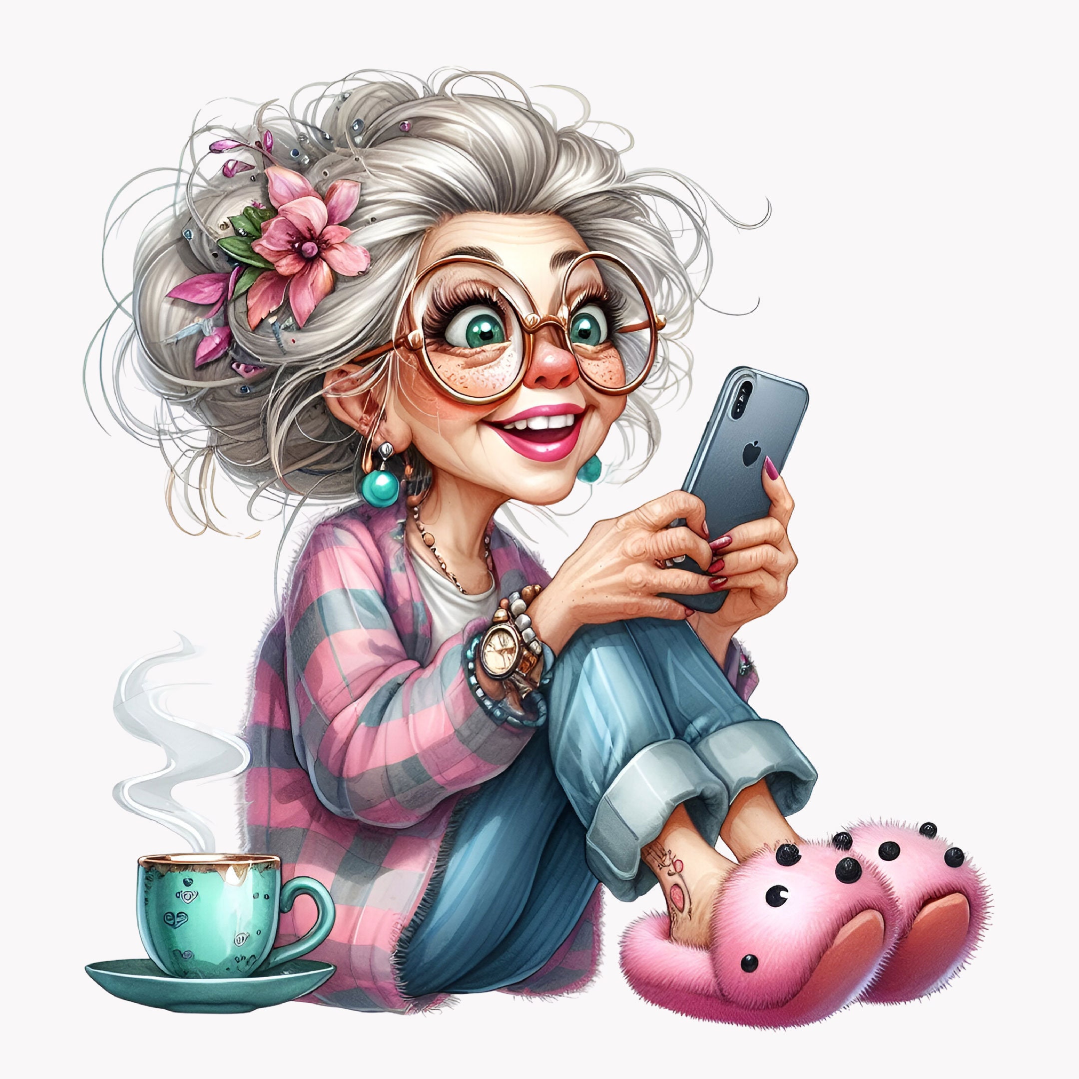 10 PNG Funny Granny PNG Clipart – Old Lady With Coffee and Phone ...