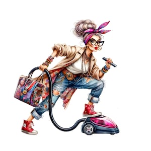 20 Funny Housewife PNG Clipart, Stylish Woman with Vacuum, Retro Glam Cleaning Lady, Quirky Cartoon Art, Digital Download