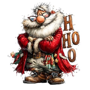 以下が含まれることがあります： 大きな赤い鼻、メガネ、ふわふわの白いひげを持つサンタクロースの気まぐれなイラスト。白い毛皮のトリムが付いた赤いコート、緑と赤のスカーフ、茶色のブーツを着用しています。「HO HO HO」の文字が表示されています。