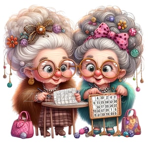 Senior Lady speelt bingo 12, grappige strip, cartoon, illustratie clipart, png