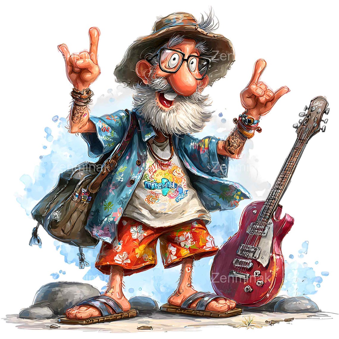 Hippy Rocker 16 PNG Hippie Musician Guitarist Clipart, Tropical Summer Man, Rocker ...