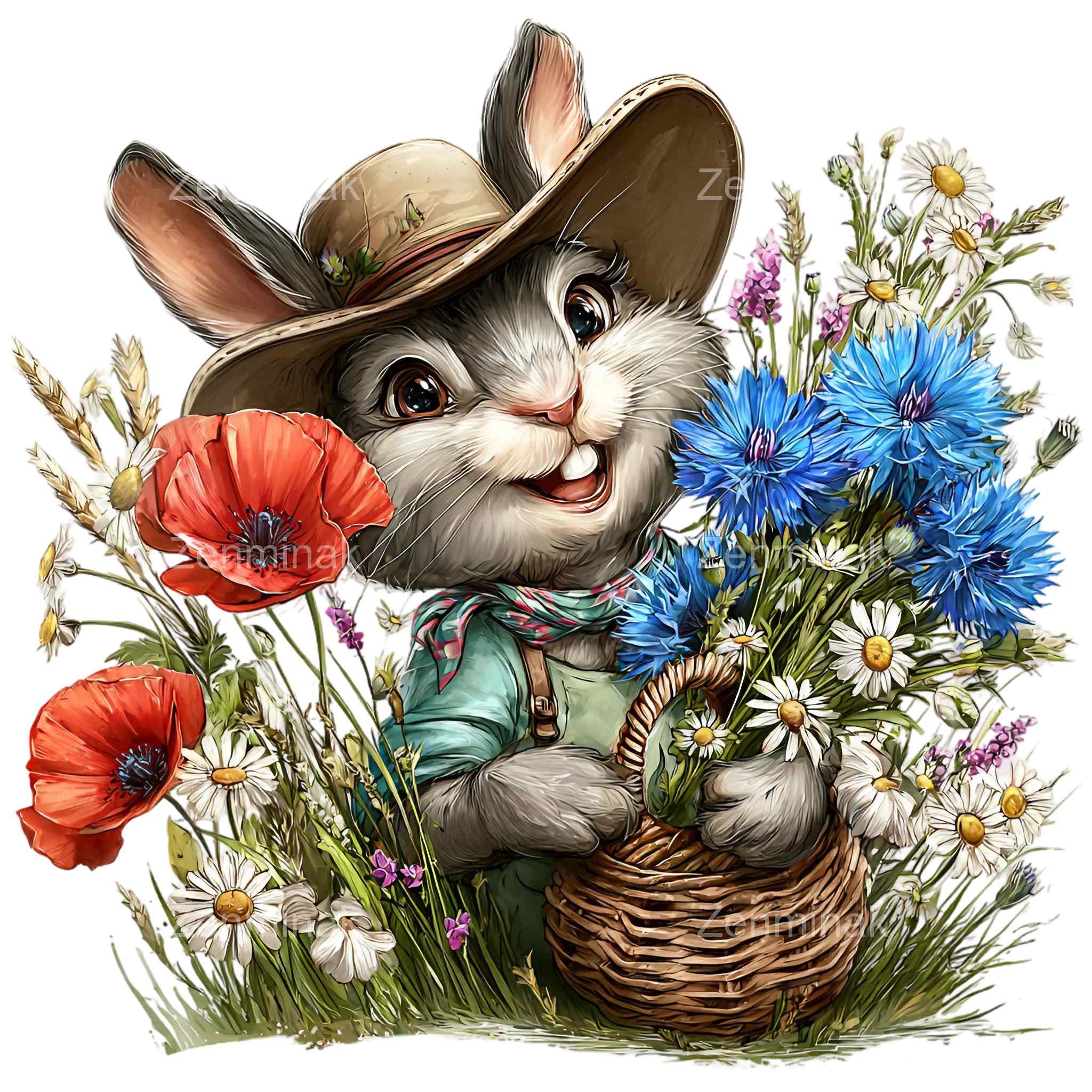 15 PNG Floral Bunny Clipart, Spring Rabbit With Wildflowers, Farmhouse ...