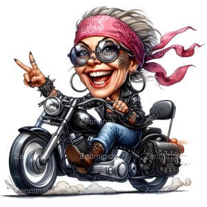 Cool Biker Lady PNG, 12 Fun Motorcycle Grandma Clipart, Quirky Cartoon Illustration for Sublimation