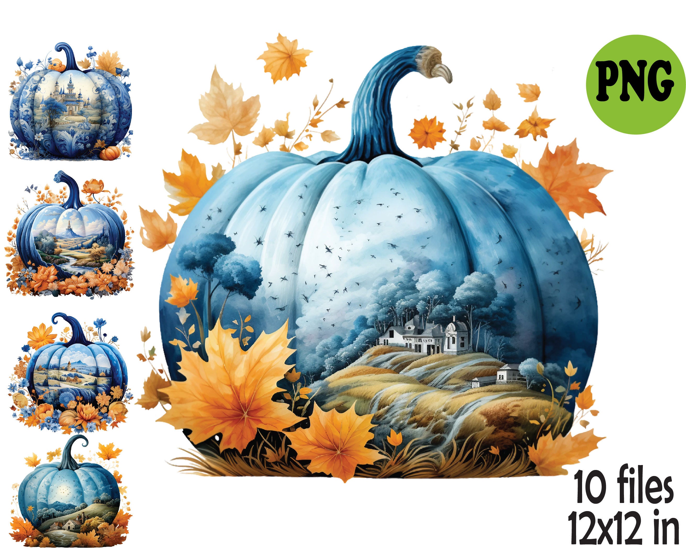 10 PNG Blue Pumpkin Watercolor Clipart, Fall Landscape Porcelain - Etsy