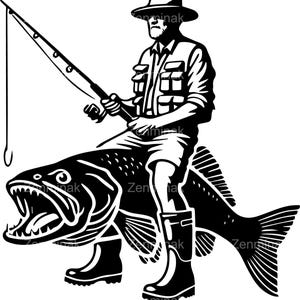 4 divertidos archivos SVG de pescador: hombre montando un pez gigante con caña, sombrero y botas. Clipart de pesca divertido para exteriores.