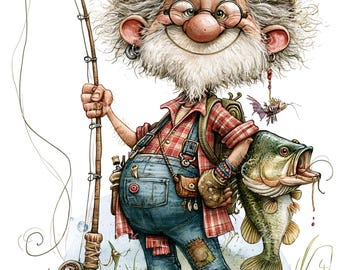 Puede incluir: Ilustración caprichosa de un pescador anciano con larga barba blanca, camisa a cuadros, peto vaquero y sombrero de paja adornado con flores y una pluma. Sostiene una caña de pescar y un pez grande.