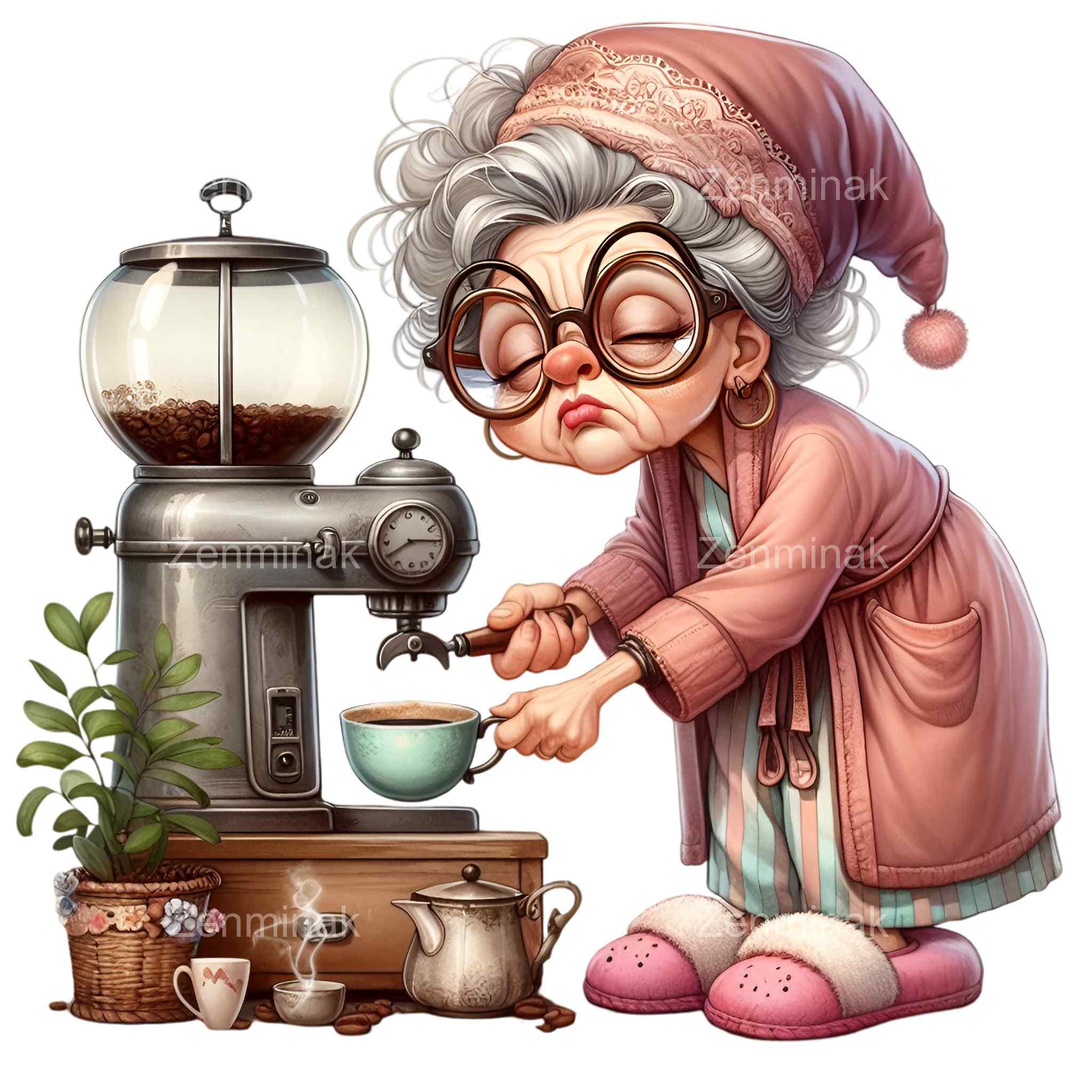 26 PNG Funny Grandma Making Coffee, Elderly Lady Kitchen Clipart - Etsy