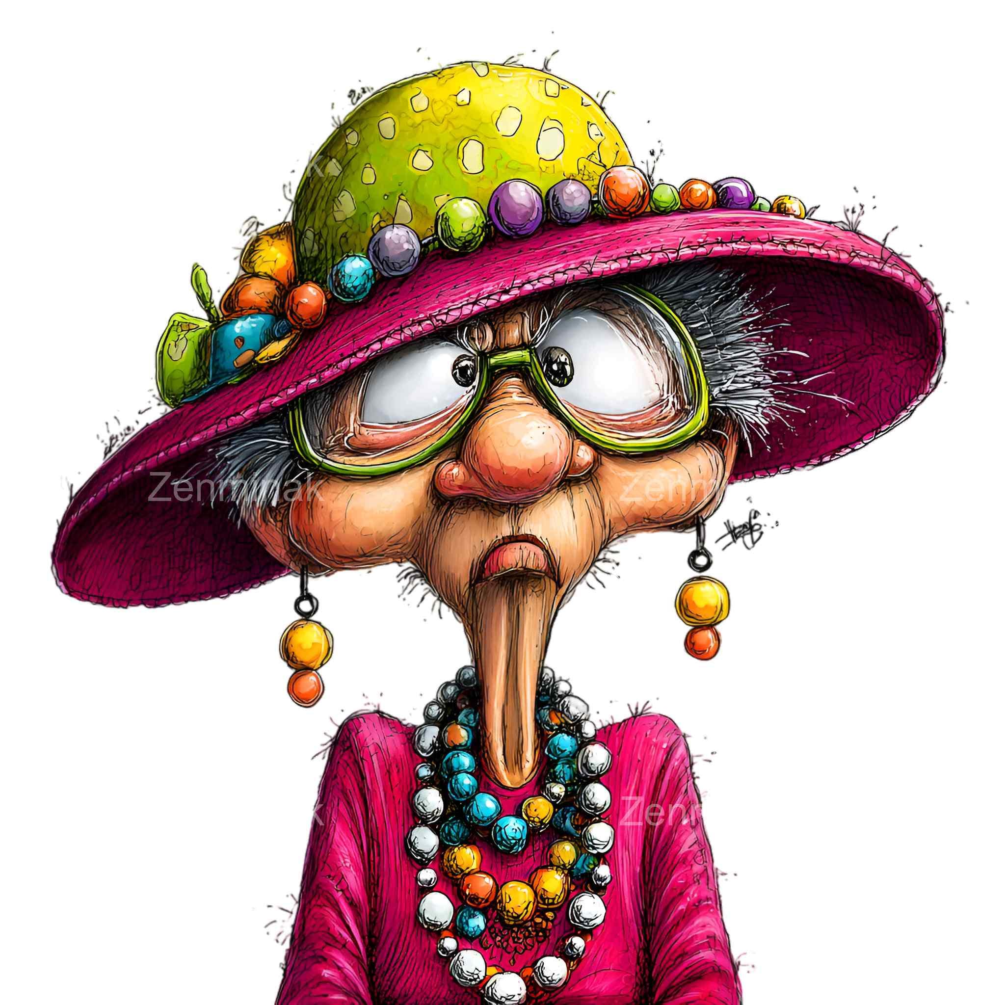 16 PNG Funny Grandma Clipart – Eccentric Old Lady With Big Hat and ...