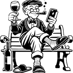 4 SVG grand-père drôle avec du vin SVG - vieil homme sur un banc avec téléphone et pipe - fichier de coupe humoristique pour travaux manuels et cadeaux de retraite