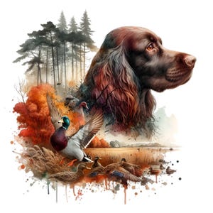 15 PNG Cane da caccia autunnale PNG – Setter con anatre e foresta – Clipart di paesaggi acquatici per decorazioni rustiche per lodge, amanti dell'aria aperta o artigianato