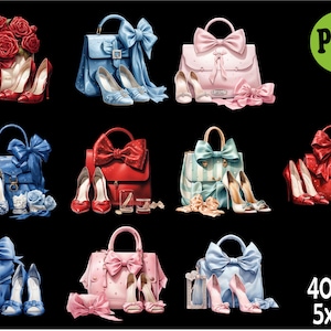 May include: Ten digital illustrations of handbags with bows and high heels. Each illustration is 5 inches by 5 inches. The handbags are in various colors, including red, blue, pink, and green. The heels are also in various colors, including red, blue, and black.