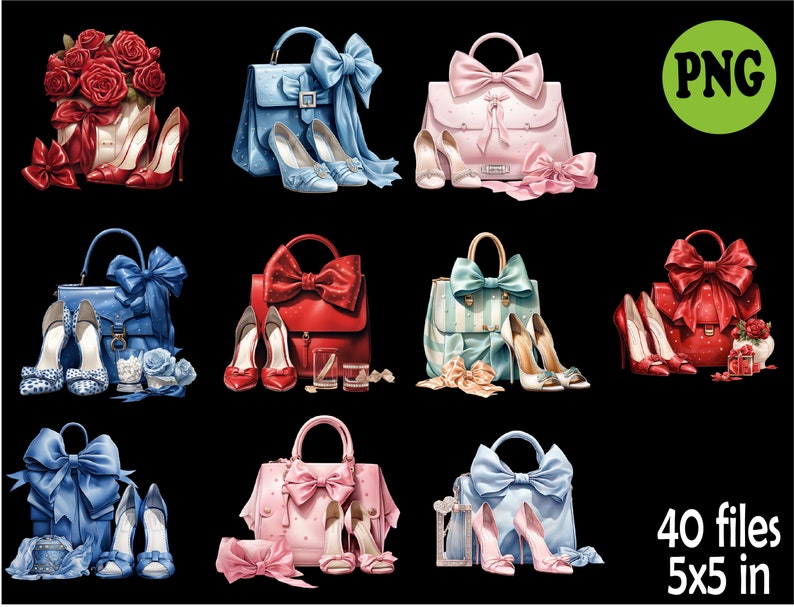 May include: Ten digital illustrations of handbags with bows and high heels. Each illustration is 5 inches by 5 inches. The handbags are in various colors, including red, blue, pink, and green. The heels are also in various colors, including red, blue, and black.