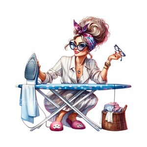 16 PNG Graciosas imágenes prediseñadas de señora de mediana edad planchando: ama de casa excéntrica con plancha, gafas, pelo voluminoso, zapatillas, estilo humorístico vintage