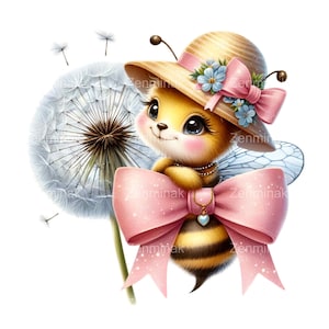 15 Süße Biene mit Hut PNG Clipart - Große rosa Schleife, blaue Blumen, Pusteblume, Herz-Halskette, entzückende Frühlingsinsektenkunst