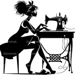 6 elegante naaivrouw SVG, vintage naaister clipart, retro naaimachine png, kleermaker ambacht digitaal bestand, DIY mode kunst