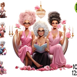10 PNG Elegant ladies clipart – Glamorous women in pink PNG – Fashion friends digital art for party invitations and feminine wall decor