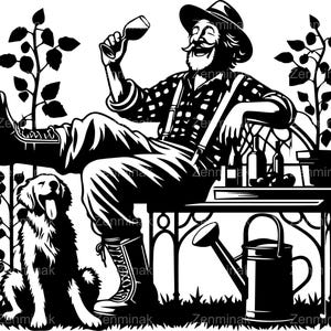 6 SVG Jardin détendu Homme avec chien fichier SVG. Homme barbu dans un chapeau et des bottes, prenant un verre sur un banc, des plantes et un chien