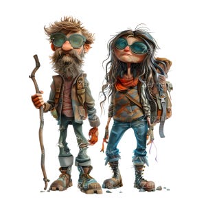 22 cliparts PNG couple de randonnée insolites, voyageurs rigolos avec sacs à dos, bottes, lunettes, canne et style aventure