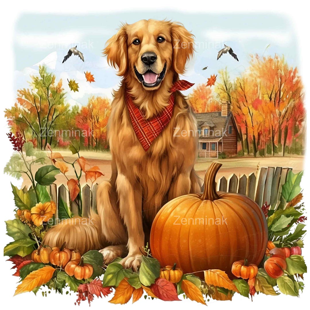15 PNG Autumn Golden Retriever Clipart Fall Pumpkin Dog Farmhouse - Etsy