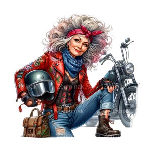 Mujer motociclista mayor PNG, 10 ilustraciones de abuela motociclista, impresión artística con chaqueta roja y pañuelo, descarga digital