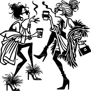 5 Archivos SVG de corte SVG de chicas cafetaleras peculiares. Dos mujeres elegantes con tacones y gafas de sol charlan y toman café en poses dramáticas.