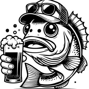 May include: Black and white illustration of a fish wearing sunglasses and a cap, holding a pint of beer. The fish has large eyes and a smiling expression, with bubbles rising from the beer. A fun, cartoon-style design.