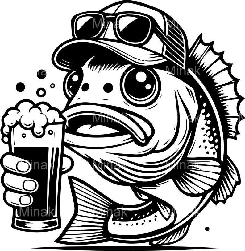 May include: Black and white illustration of a fish wearing sunglasses and a cap, holding a pint of beer. The fish has large eyes and a smiling expression, with bubbles rising from the beer. A fun, cartoon-style design.