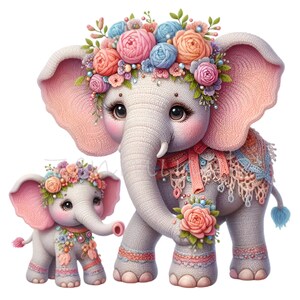 10 png schattige bloemen olifant en kalf clipart png, pastel babysafari dieren met bloemen en kant, grillige kinderkamer jungle kunst voor kinderen